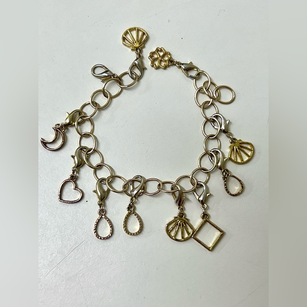 Vtg Gold & Silver Tone Metal Chain Link Tennis Bangle Charm Bracelet